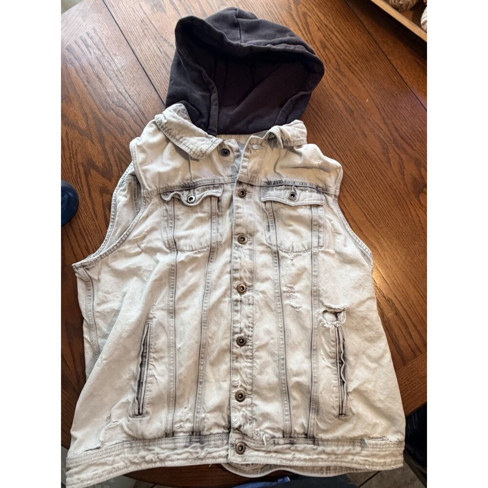 Men’s Denim Vest Hoodie Distressed Sleeveless Jacket Biker Streetwear - Picture 6 of 7